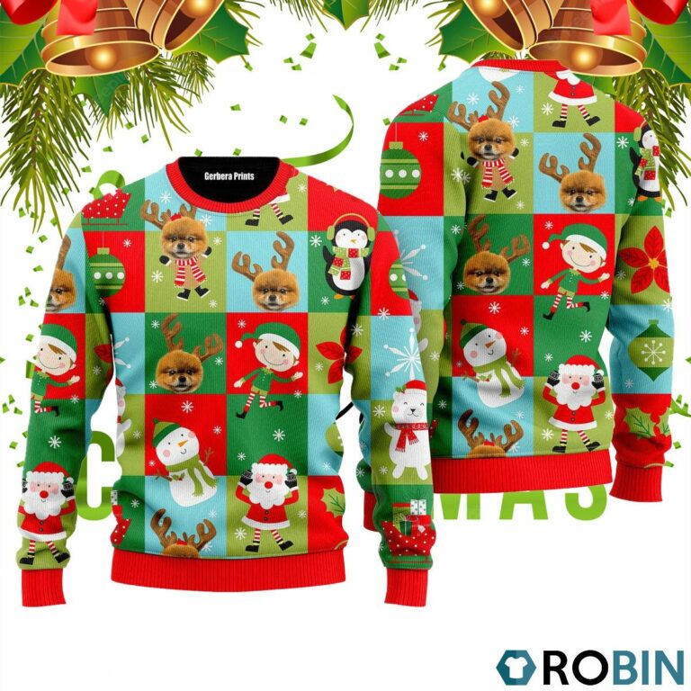 Funny Pomeranian Wears Reindeer In Christmas Holiday Pattern 3D Print Ugly Christmas Sweater RB2207