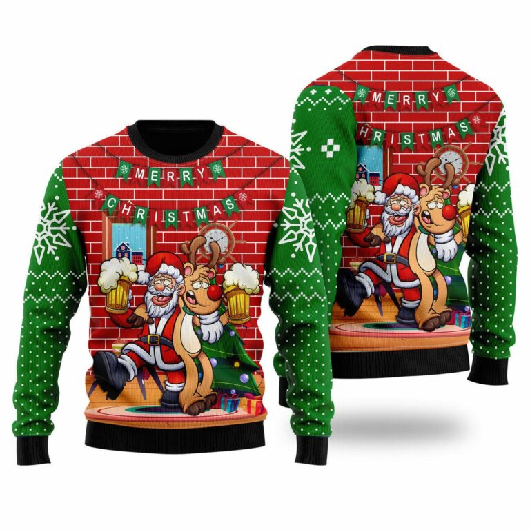 Funny Santa Drink Beer With Reindeer Christmas Ugly Sweatshirt, Sweater
