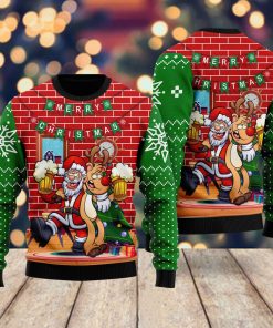 Funny Santa Drink Beer With Reindeer Christmas Ugly Sweatshirt, Sweater