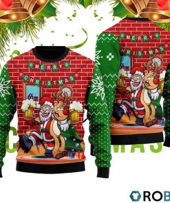 Funny Santa Drink Beer With Reindeer Ugly Christmas Sweater RB4224