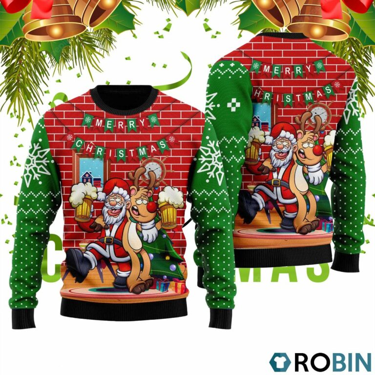 Funny Santa Drink Beer With Reindeer Ugly Christmas Sweater RB4224