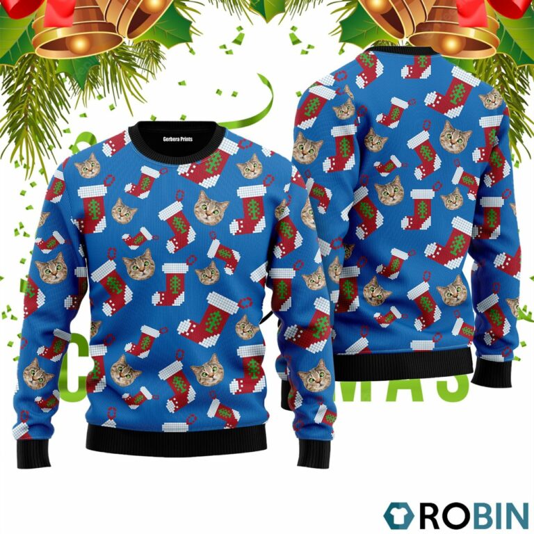 Funny Scotland Straight Cat With Santa Socks Pattern Ugly Christmas Sweater RB2498