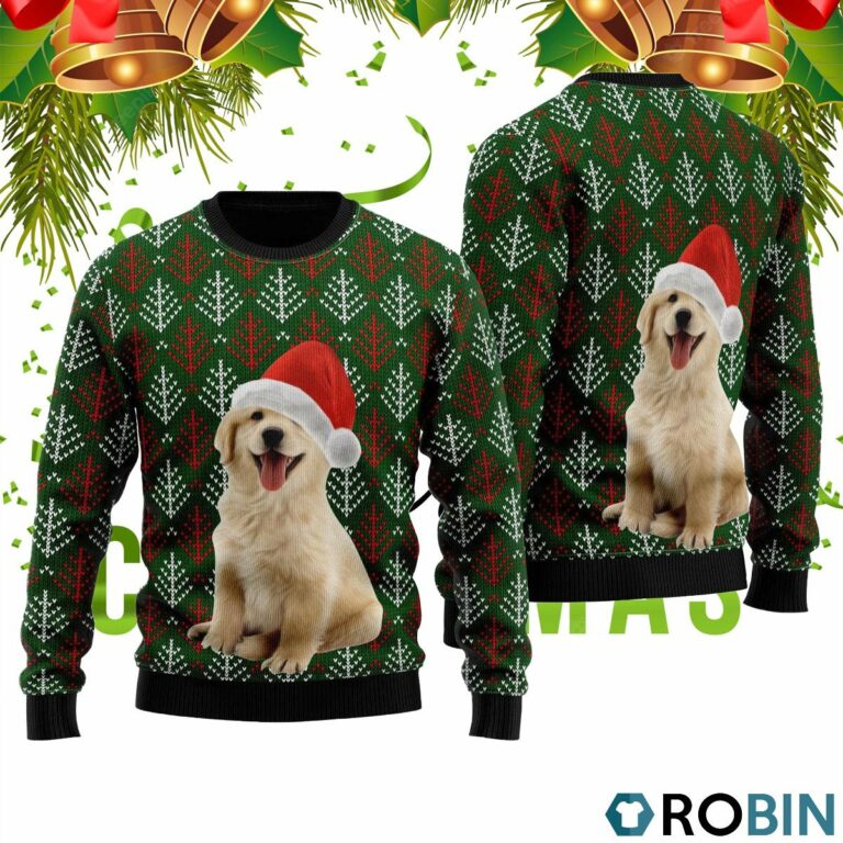 Golden Retriever Puppy Wears Santa Hat 3D Print Ugly Christmas Sweater RB2402
