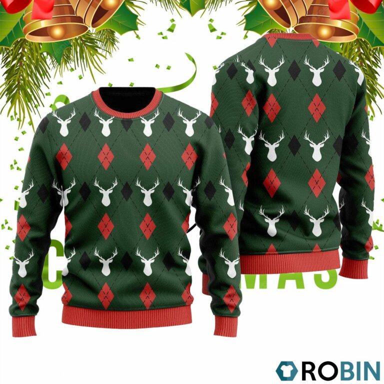 Green Reindeers Xmas Argyle Ugly Christmas Sweater RB2005