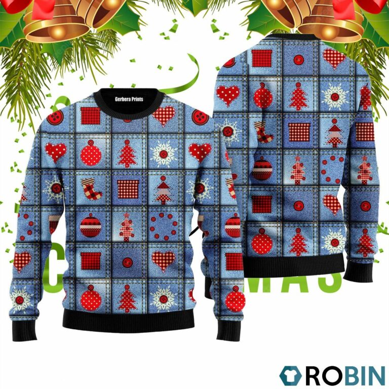 Jeans Patchwork With Applique Pattern 3D Print Ugly Christmas Sweater RB2238