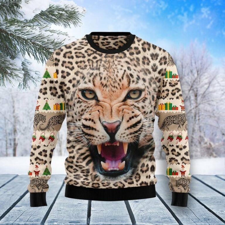 Leopard Cute Face All Over Printed Ugly Sweatshirt, Sweater
