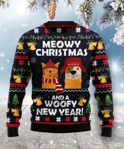 Meowy Christmas And Woofy New Year All Over Print Ugly Sweatshirt, Sweater