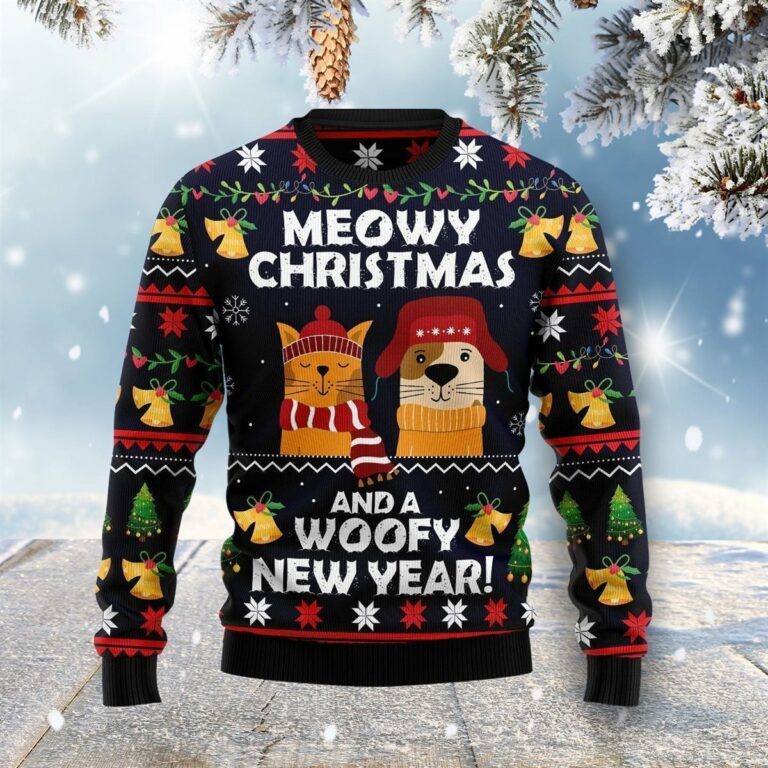 Meowy Christmas And Woofy New Year All Over Print Ugly Sweatshirt, Sweater