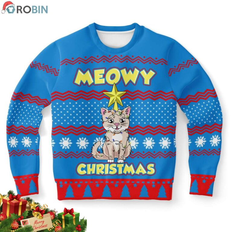 Meowy Christmas Cat Ugly Christmas Sweatshirt, Sweater