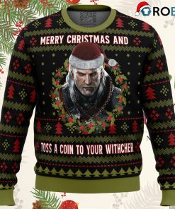 merry christmas and toss a coin the witcher ugly christmas sweater 1 1pIbS