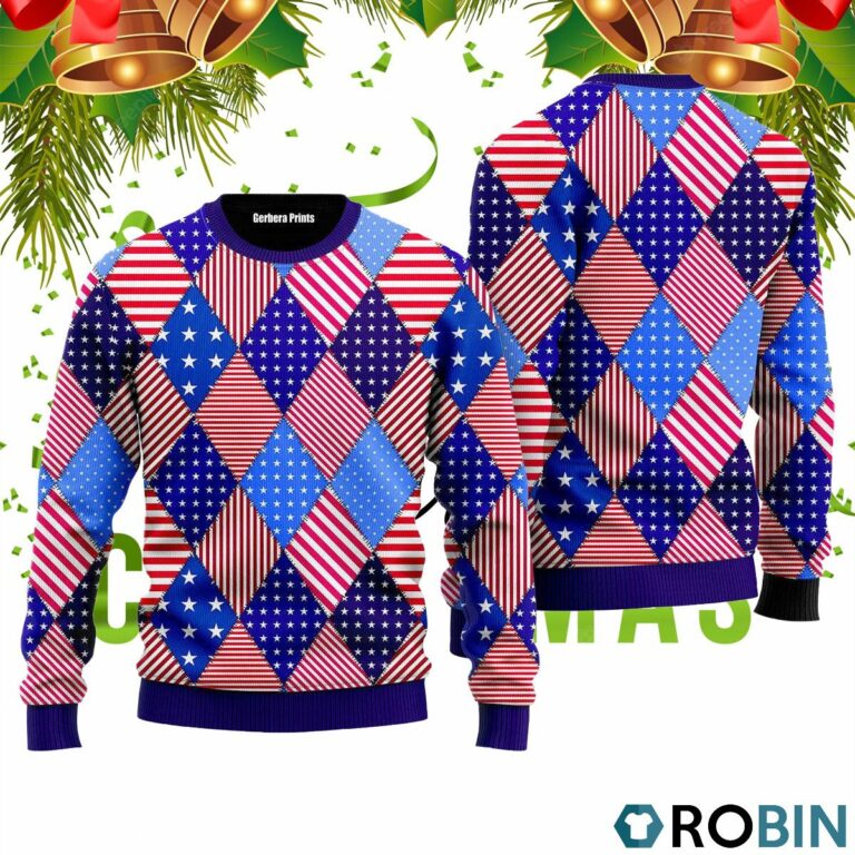 Patchwork American Flag Pattern Ugly Christmas Sweater RB2239