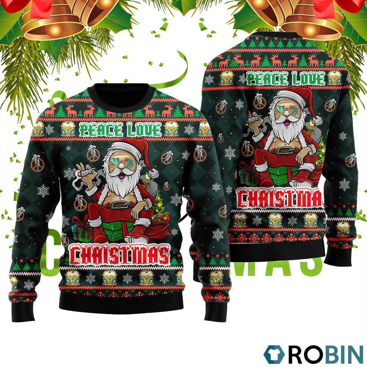 Peace Love Hippie Santa Claus Ugly Christmas Sweater RB4247 ...