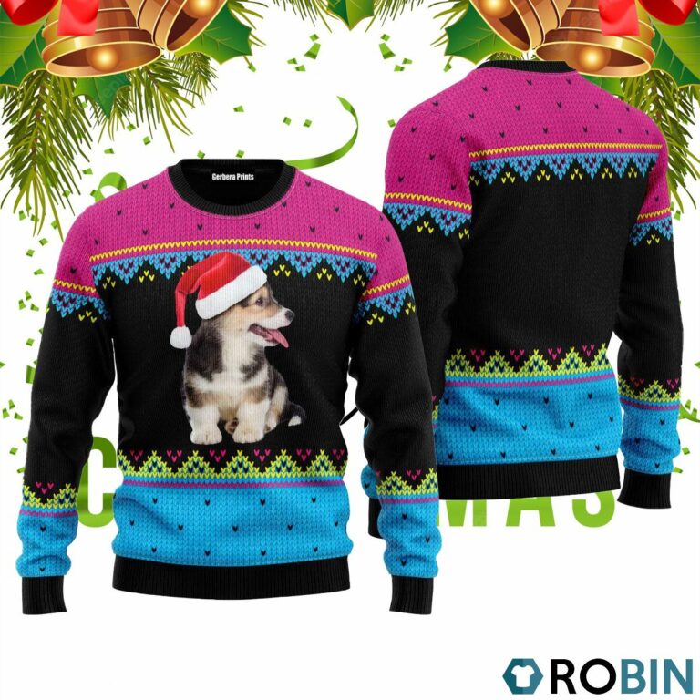 Pembroke Welsh Corgi Puppy On Red Christmas Hat Pattern 3D Print Ugly Christmas Sweater RB2488