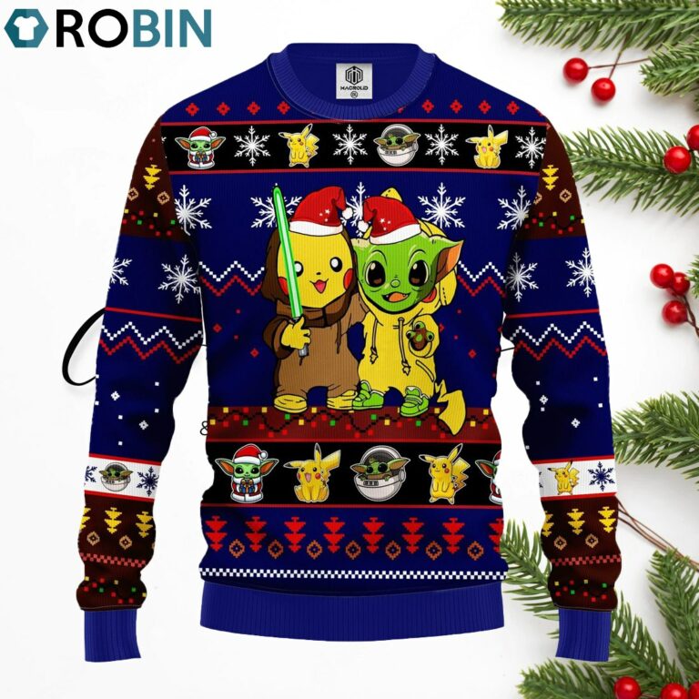 Pikachu And Yoda Ugly Christmas Sweater Blue