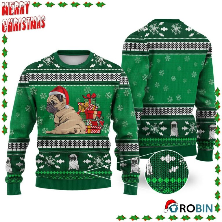 Pug Dog Pattern Falling Snowflakes Ugly Sweatshirt, Sweater