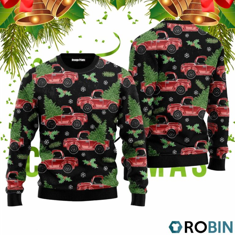 Red Truck And Pine Trees Pattern Ugly Christmas Sweater RB2407