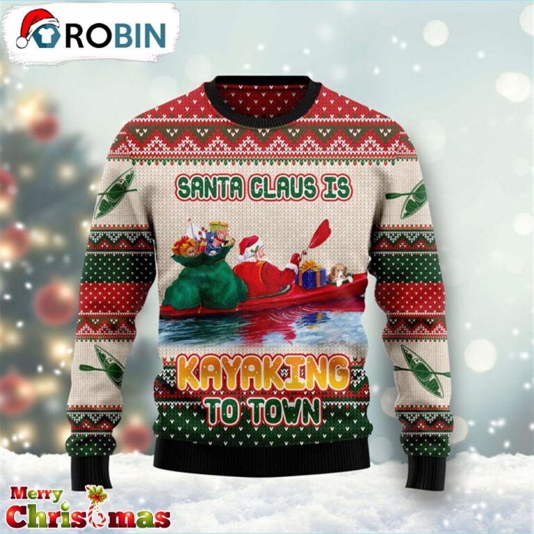 Santa Claus Is Kayaking To Town Ugly Christmas Sweater – Xmas Ugly Sweater