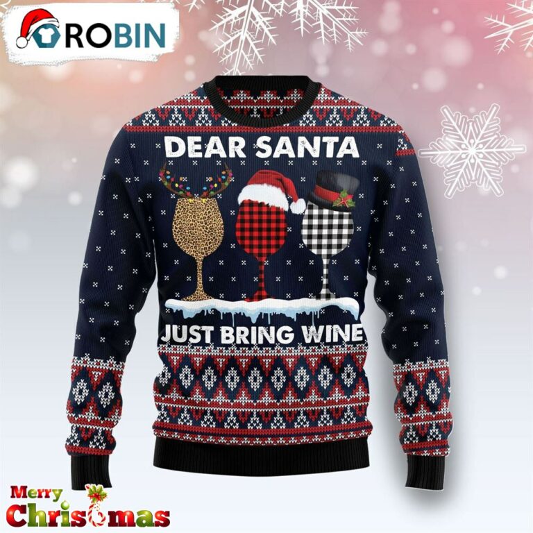 Santa Just Bring Wine Dear Ugly Christmas Sweater- Retro Christmas Sweater