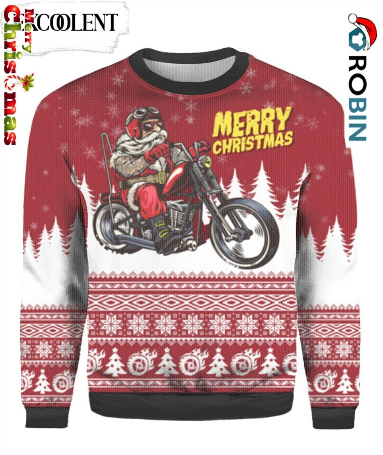 Santa Riding Motorbike To Holiday Ugly Christmas Sweater – Christmas Outfits Gift