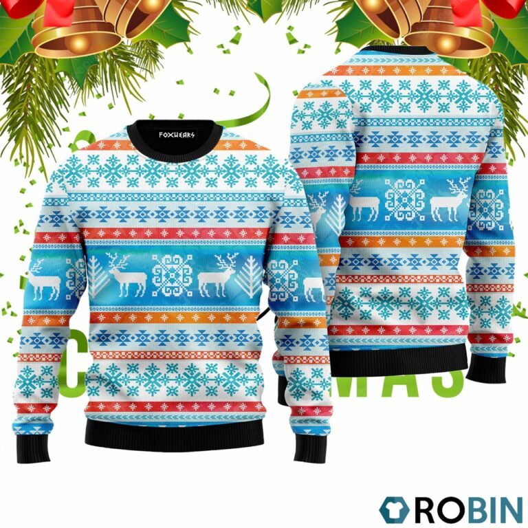 Santa’s Reindeer Blue Pattern Ugly Christmas Sweater RB2079