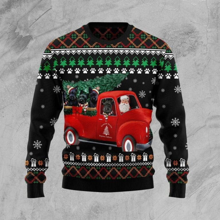 Scottish Terrier And Red Truck 3D Print Ugly Christmas Sweater RB4374
