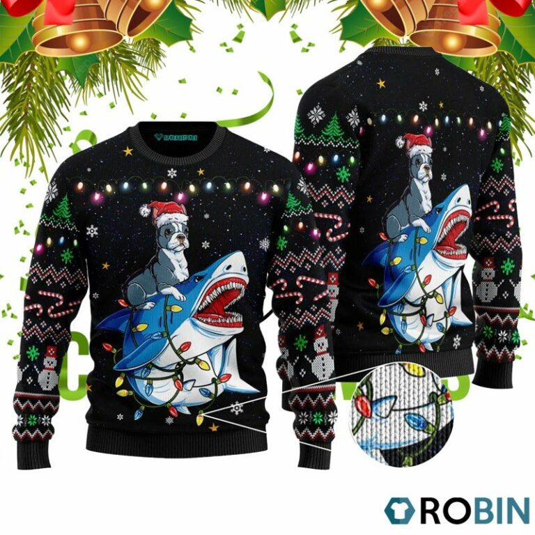 Shark Boston Terrier Ugly Christmas Sweater RB3435