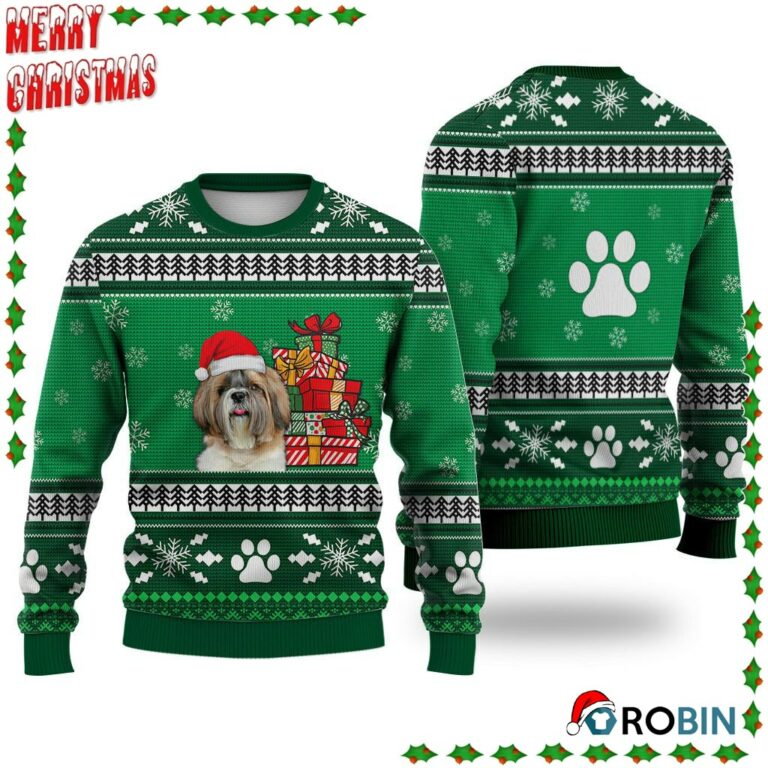 Shih Tzu Dog Pattern Falling Snowflakes Ugly Sweatshirt, Sweater