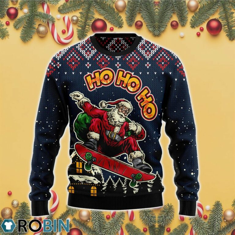 Skater Santa Claus Ho Ho Ho 3D Print Ugly Christmas Sweater RB4404