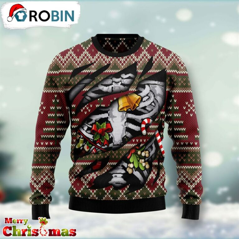 Skeleton Candy Cane Ugly Christmas Sweater – Christmas Outfits Gift – Retro Christmas Sweater