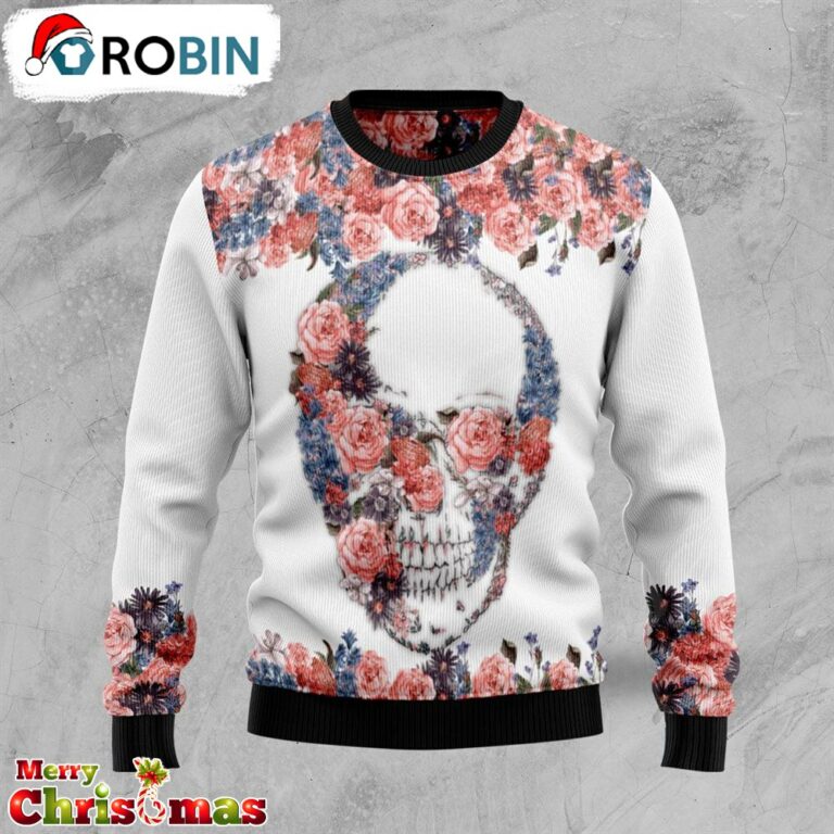 Skull Flowers Ugly Christmas Sweater – Christmas Outfits Gift – Retro Christmas Sweater