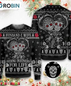 Skull Husband And Wife Riding Partners For Life- Retro Christmas Sweater