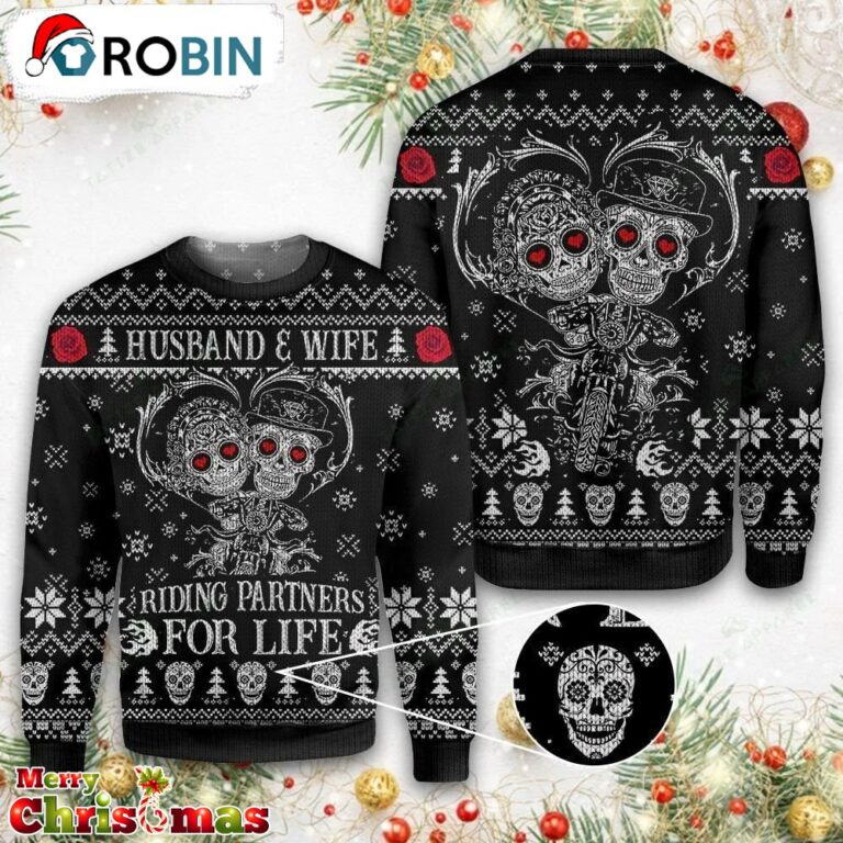 Skull Husband And Wife Riding Partners For Life- Retro Christmas Sweater