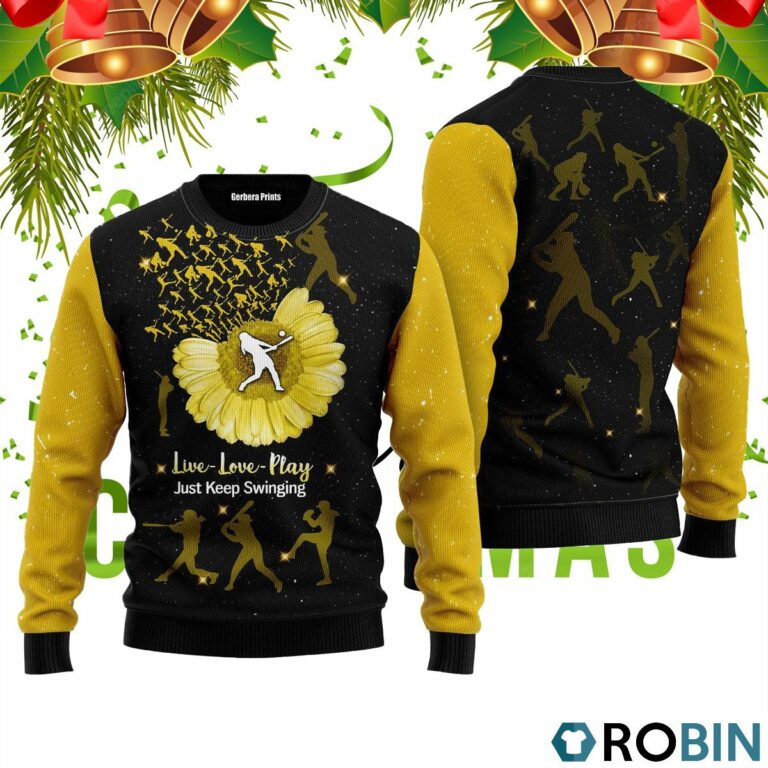Softball Sunflower Yellow Black Ugly Christmas Sweater RB2248