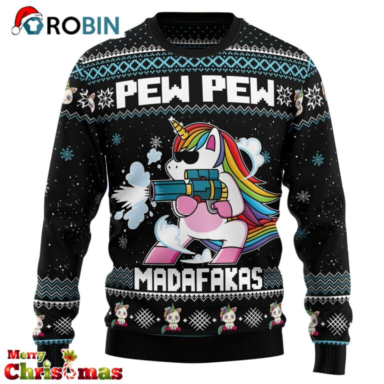 Unicorn Pew Pew Christmas Crewneck Sweater – Ugly Christmas Sweater – Xmas Jumper Holiday Pullover RB9558