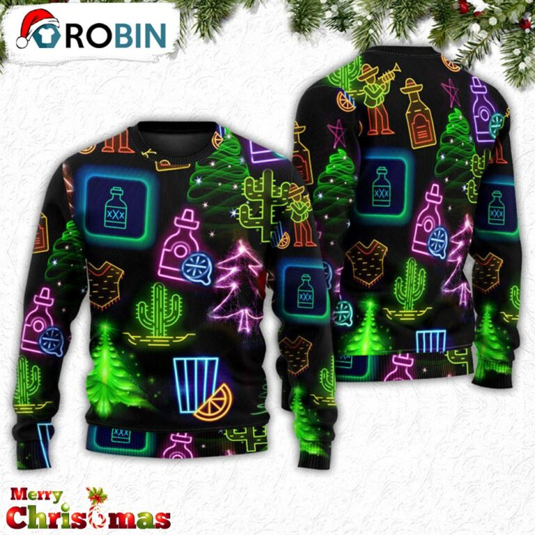 Wine Tequila Christmas Neon Art Drinking Ugly Christmas Sweater – Best Gift For Christmas RB2291