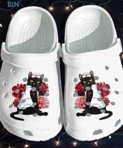 Black Cat Nurse Lover Flower Tattoo Crocs – Classic Clog