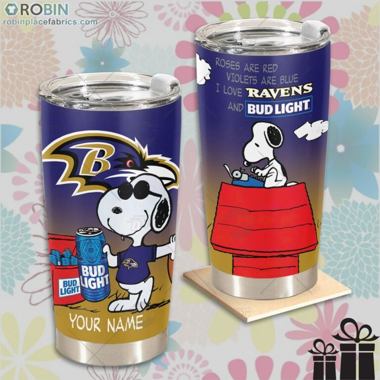 Personalized NFL Baltimore Ravens Tumbler Snoopy BUD LIGHT Beer Lover Tumbler