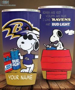 Personalized NFL Baltimore Ravens Tumbler Snoopy BUD LIGHT Beer Lover Tumbler
