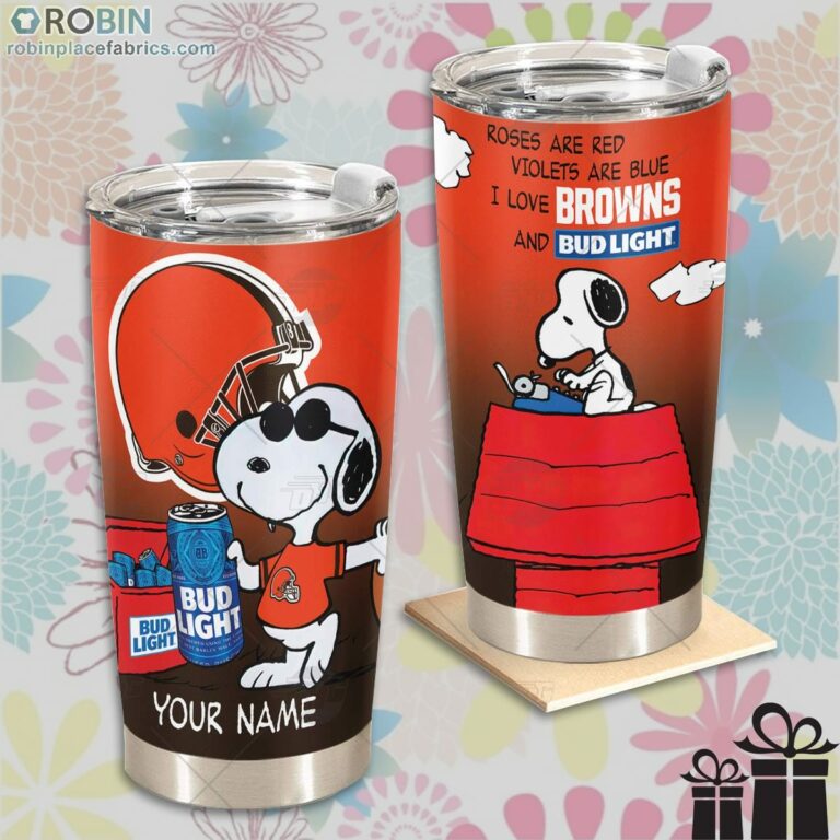 Personalized NFL Cleveland Browns Tumbler Snoopy BUD LIGHT Beer Lover Tumbler