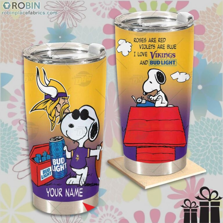 Personalized NFL Minnesota Vikings Tumbler Snoopy BUD LIGHT Beer Lover Tumbler
