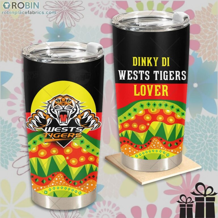 NRL Dinky Di Wests Tigers Lover Aboriginal Flag x Indigenous Stainless Steel Tumbler