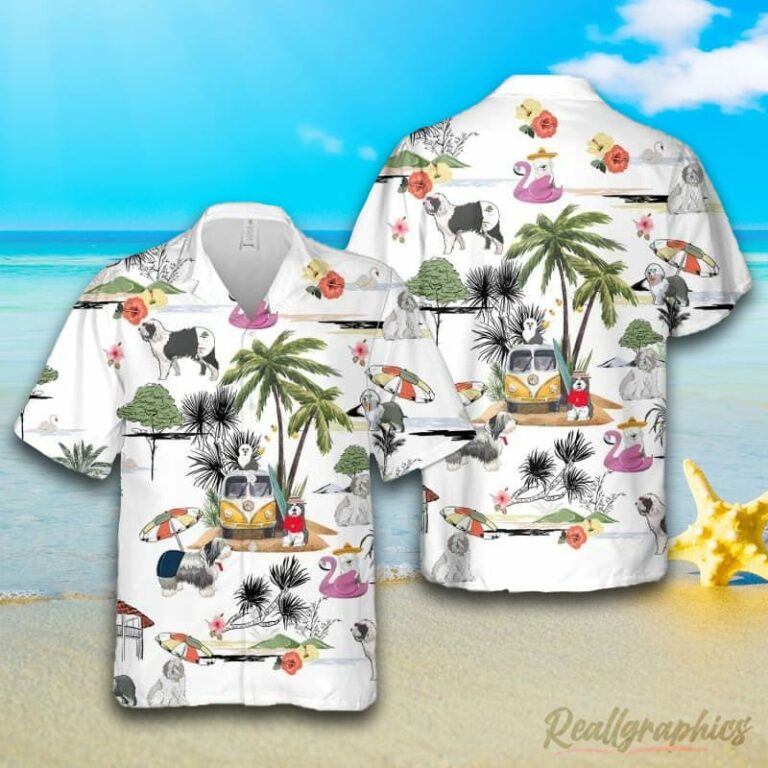 Old English Sheepdog Beach Hawaiian Shirt, Short Sleeve Button Up Shirt