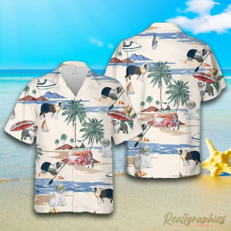 Old English Sheepdog Summer Beach Hawaiian Shirt, Short Sleeve Button Up Shirt