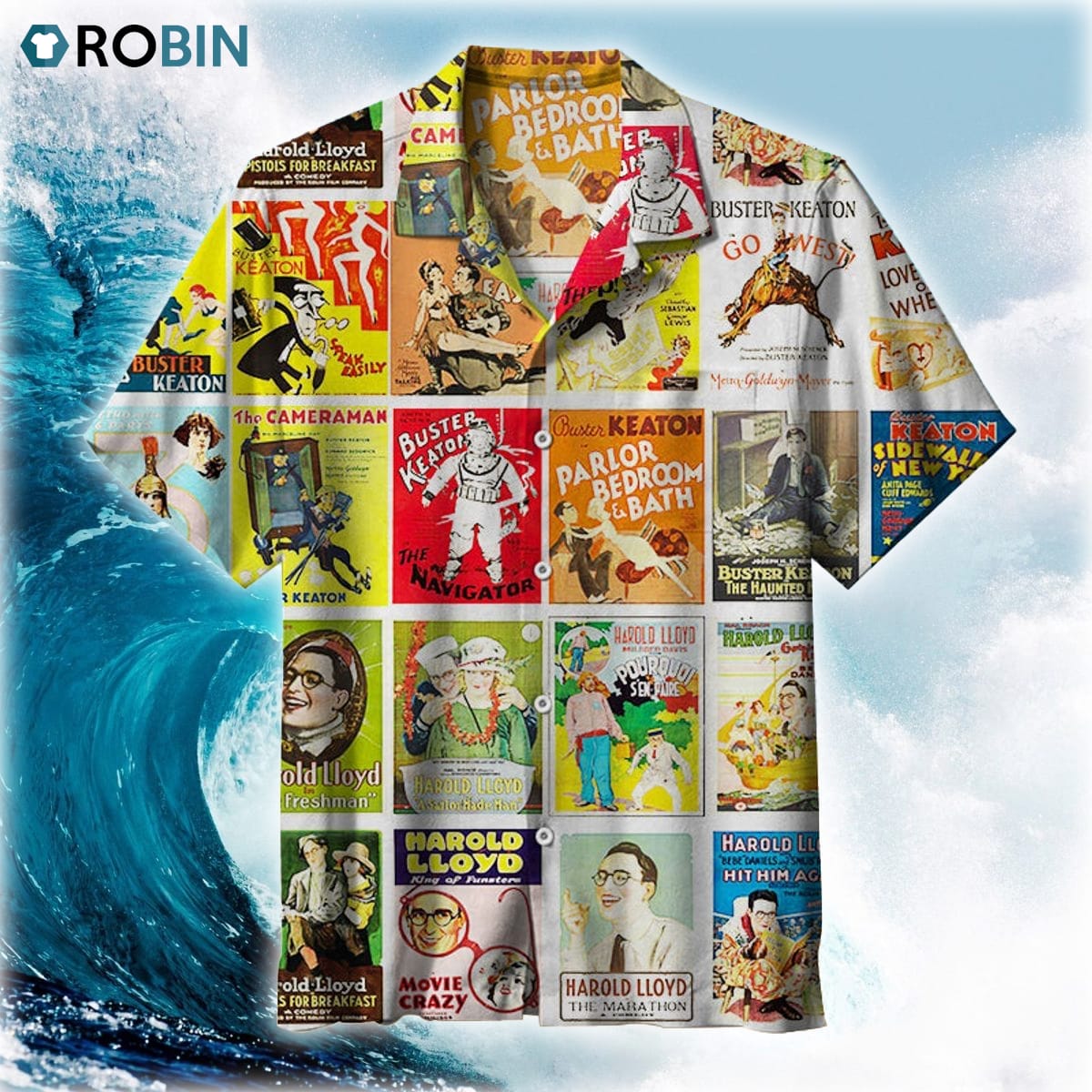 Buster Keaton & Harold Lloyd Vintage Silent Film Movie Hawaiian Shirt