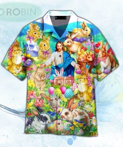 Easter Rabbit Jesus Chilling In The Flower Landscape Hawaiian Shirt For Men and Women