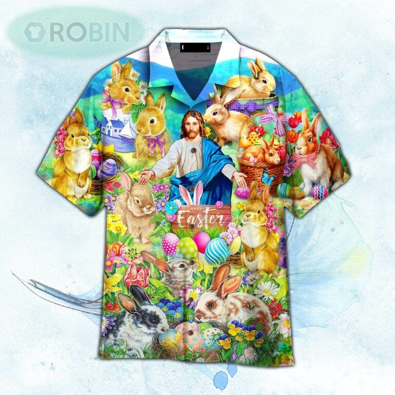 Easter Rabbit Jesus Chilling In The Flower Landscape Hawaiian Shirt For Men and Women