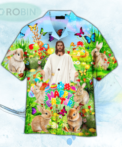 Jesus Happy Easter Rabbit Chilling In The Flower Landscape Art Style Hawaiian Shirt For Men and Women Jesus Happy Easter Rabbit Chilling In The Flower Landscape Art Style Hawaiian Shirt For Men and Women