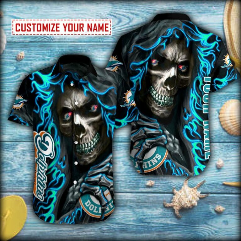 Skull Hold Miami Dolphins Button Shirt