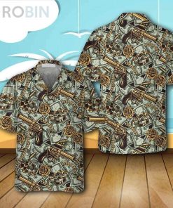 Gangster And Money Vintage Seamless Pattern Casual Button Down Hawaiian Shirt