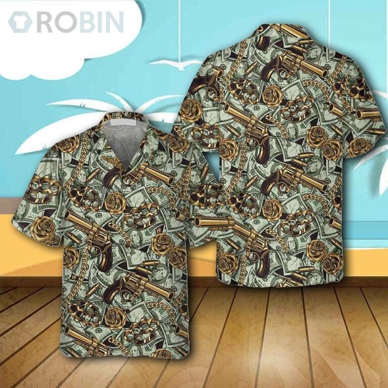 Gangster And Money Vintage Seamless Pattern Casual Button Down Hawaiian Shirt